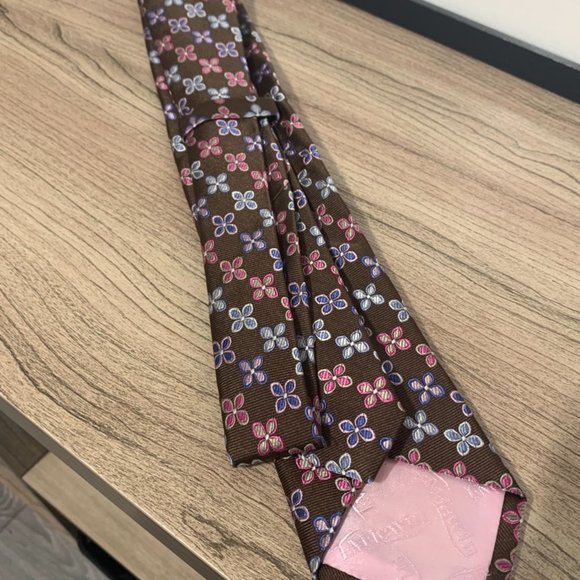 TM LEWIN Brown Blue Pink Floral Silk Neck Tie - Picture 4 of 8